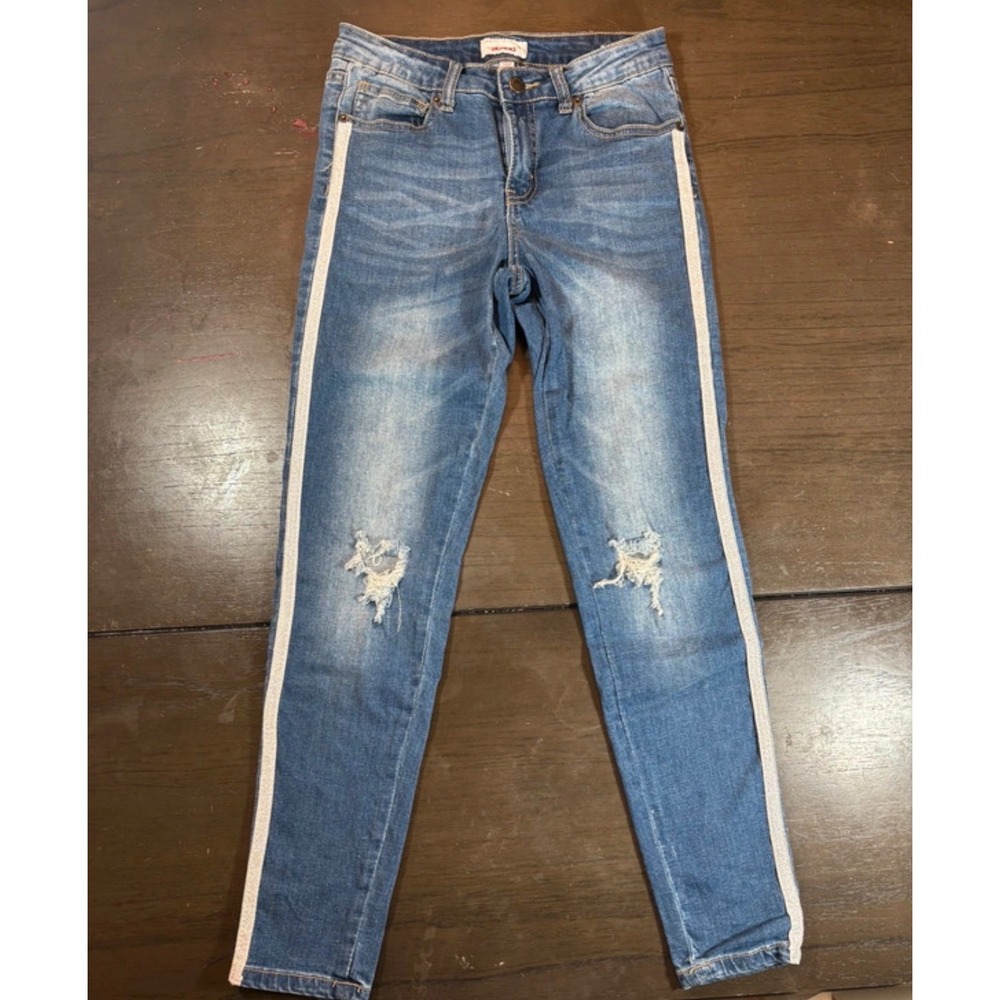 Bongo Jeans Womens Size 7 Distressed Ripped Denim Side Stripe Y2K Skinny Blue